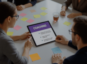 Personen in einem Coaching-Session mit Tablet und Haftnotizen am Tisch