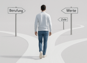 Person steht an einem Scheideweg mit Schildern zu Berufung, Werten und Zielen
