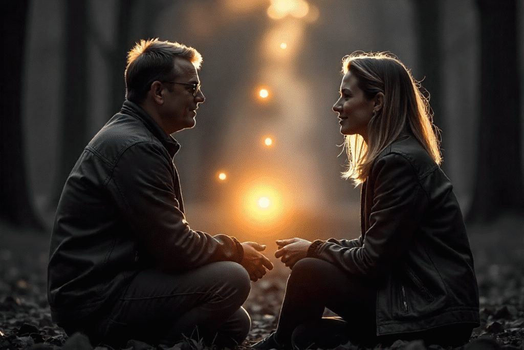 Ein Mann und eine Frau sitzen sich im Wald gegenüber und sprechen, im Hintergrund leuchtet warmes Licht in der Dämmerung.