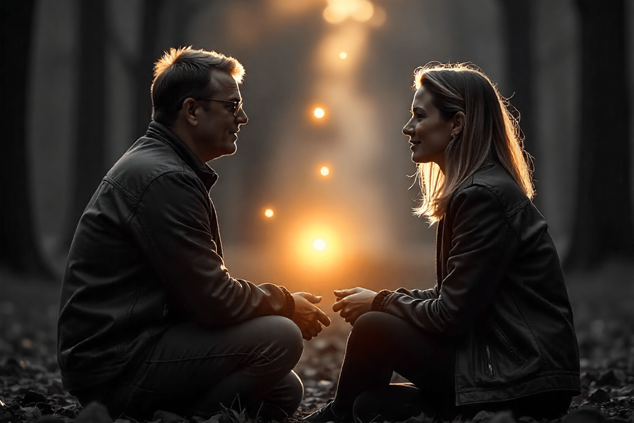 Ein Mann und eine Frau sitzen sich im Wald gegenüber und sprechen, im Hintergrund leuchtet warmes Licht in der Dämmerung.