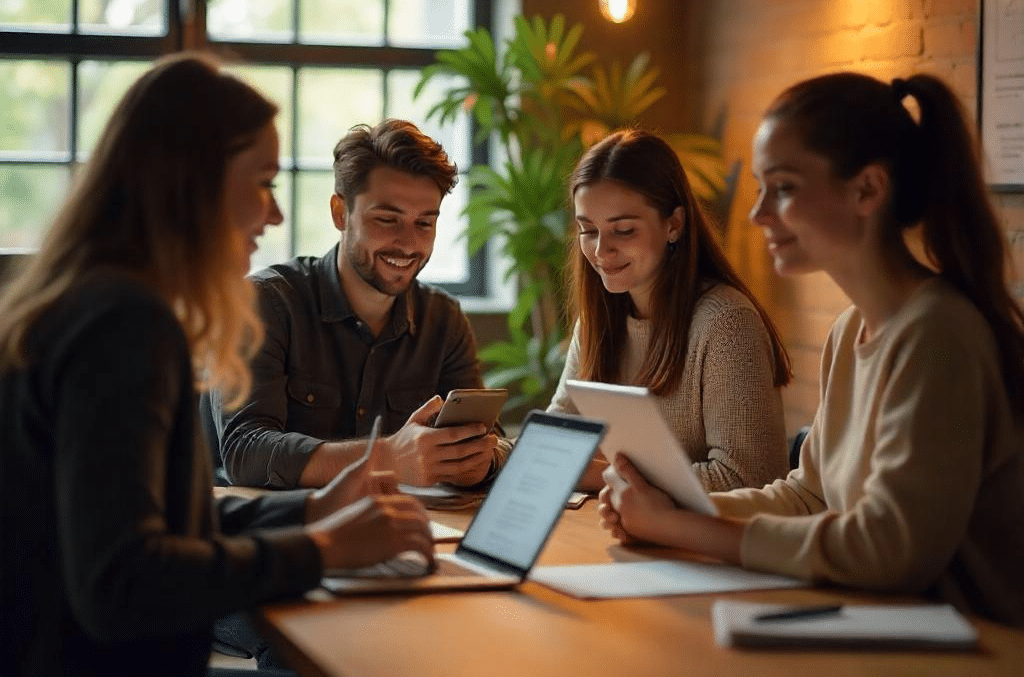 junge erwachsene arbeiten in entspannter Atmosphäre gemeinsam an digitalen Geräten