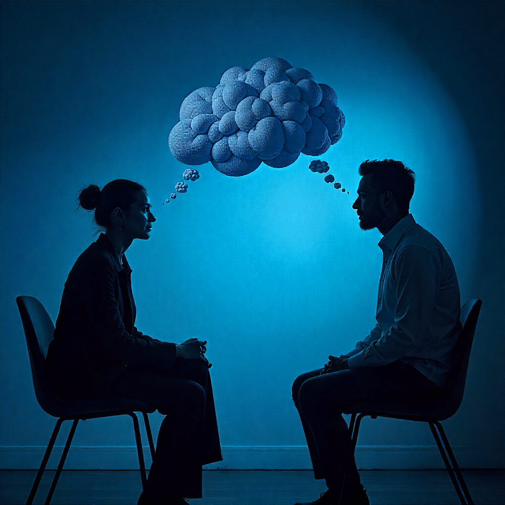 Eine Frau und ein Mann sitzen sich gegenüber. Zwischen ihren Köpfen ist eine gedachte blaue Wolke zu sehen, die ihren mentalen Austausch symbolisiert.