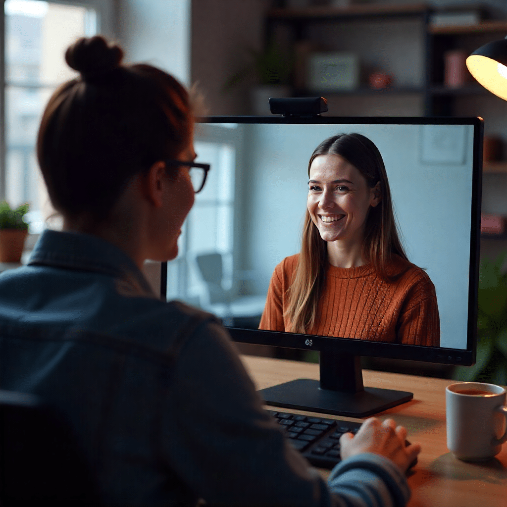Eine Frau sitzt am Schreibtisch und spricht mit einer anderen Frau in einem Videogespräch - ein Beispiel für wertschätzende Kommunikation auf Augenhöhe.