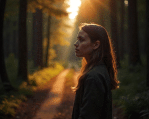 Frau blickt nachdenklich in den Sonnenuntergang auf einem Waldweg