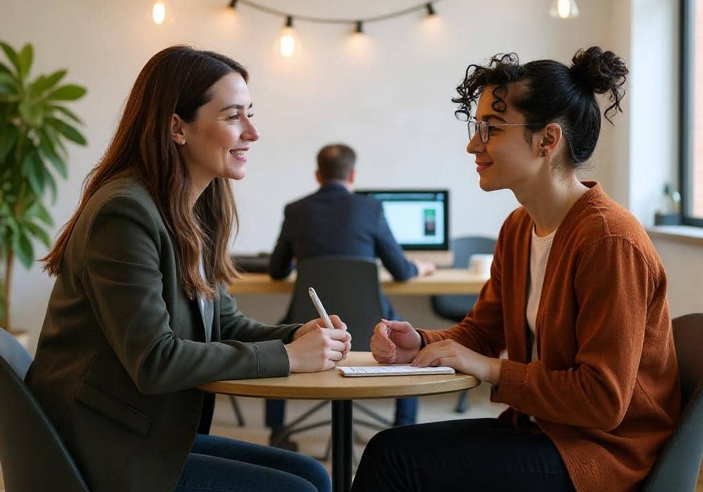 Zwei Frauen im Gespräch in freundlicher Coaching-Atmosphäre