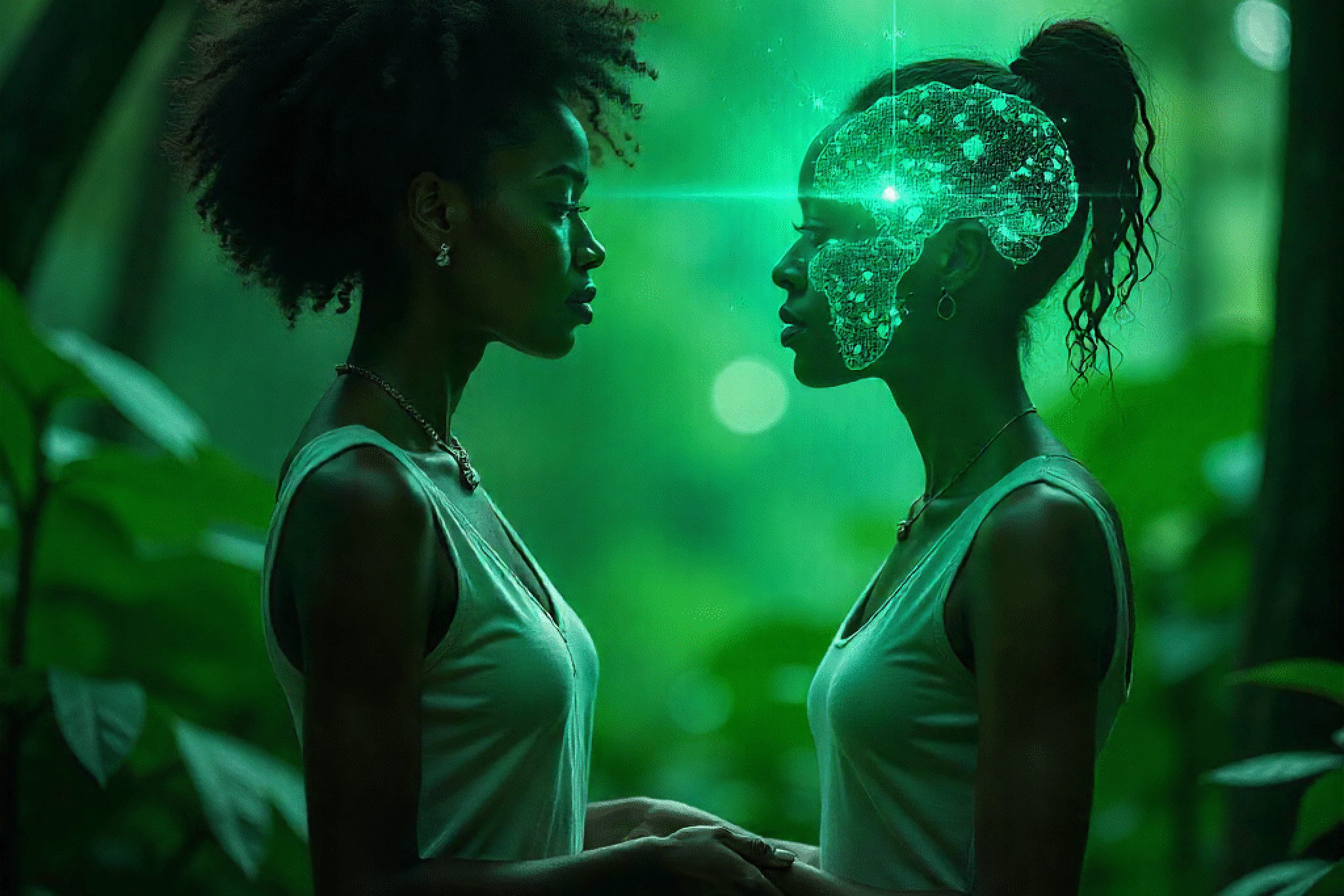 Zwei Frauen stehen sich in einem grünen Wald gegenüber, eine davon mit digitalem Gehirn. In einer Coaching-Szene mit gegenseitigem Feedback halten sie sich an den Händen und begegnen sich auf Augenhöhe.