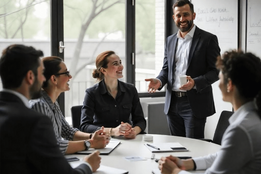 Geschäftsteam in Besprechung mit Trainer mit Positiver Psychologie in moderner Konferenzumgebung