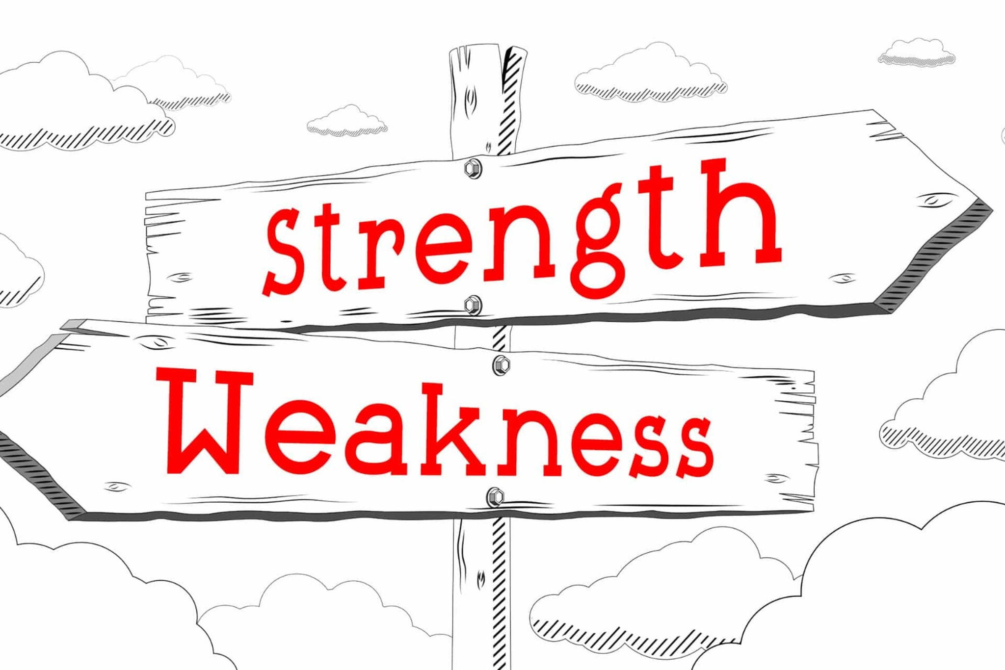 Zwei hölzerne Wegweiser zeigen in entgegengesetzte Richtungen: Einer mit der Aufschrift „Strength“ (Stärken), der andere mit „Weakness“ - beide in auffälliger roter Schrift auf weißem Hintergrund mit Wolken.